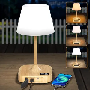 Outdoor Table Lamp - 8000mAh Cordless Rechargeable Battery, IP55 Waterproof, 3 Colors & 5 Brightness, Dimmable LED Display Touch Lamp for Camping, Bedroom, Patio (Wood)