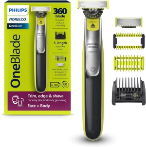 Philips Norelco OneBlade 360 Hybrid Face   Body, Electric Beard Trimmer, Shaver and Body Groomer, with 360 Blade Technology, 1x 360 Blade for Face, 5in1 Adjustable Comb, 1x Body Kit, Model QP2834/70