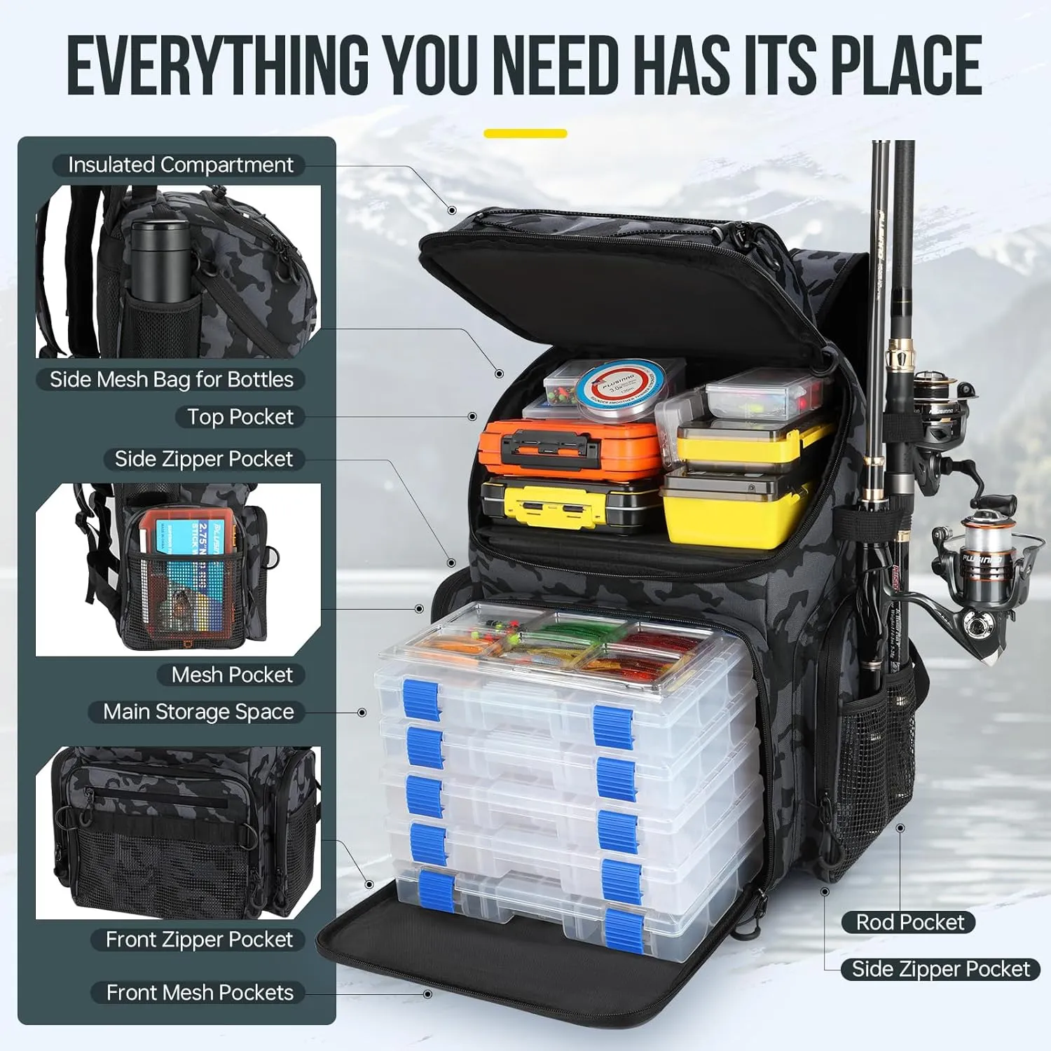 PLUSINNO Cooler Fishing Backpack with Rod Holders 45L Large Water-resistant Fishing Tackle bag Store Fishing Gear Fishing Gifts for Men Father