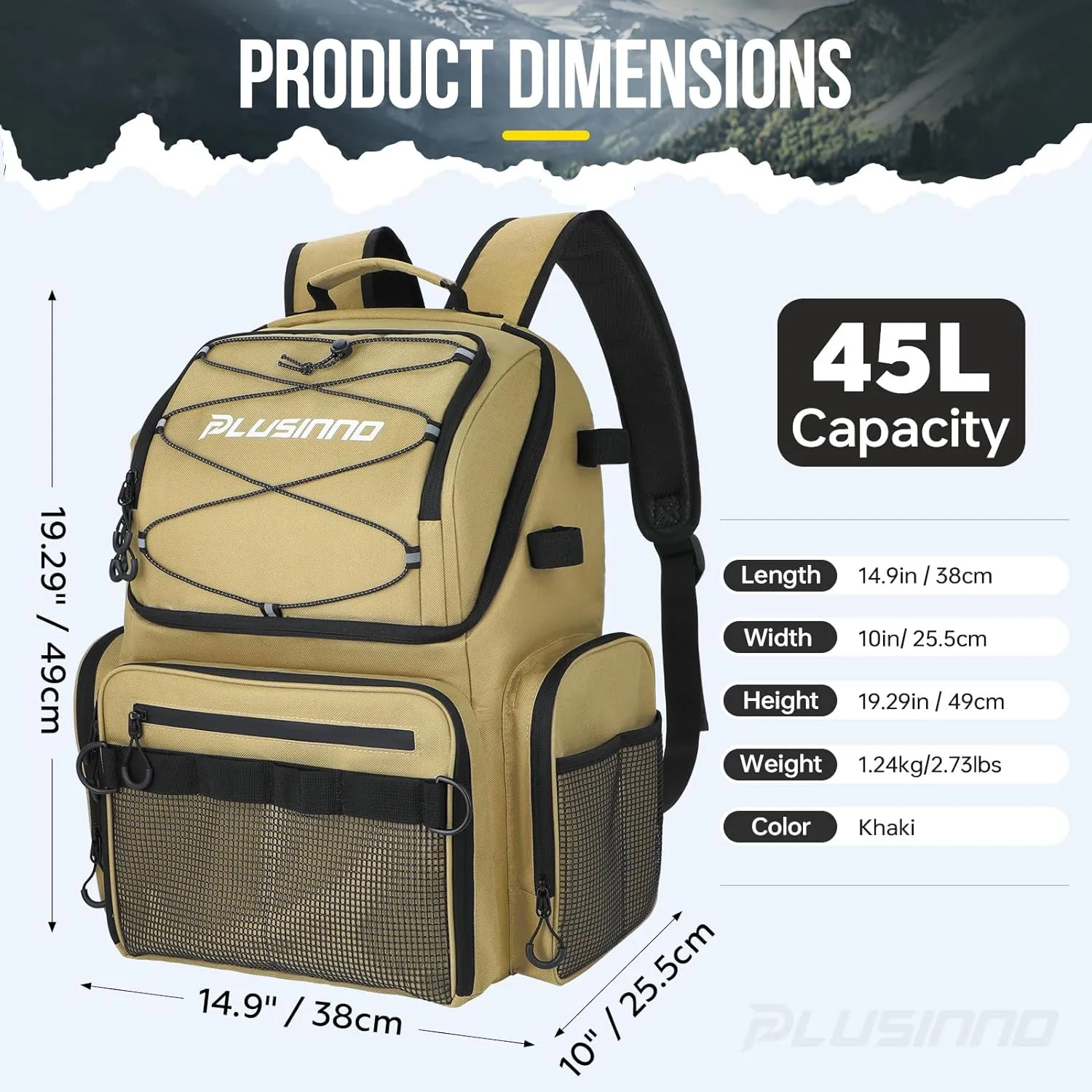 PLUSINNO Cooler Fishing Backpack with Rod Holders 45L Large Water-resistant Fishing Tackle bag Store Fishing Gear Fishing Gifts for Men Father