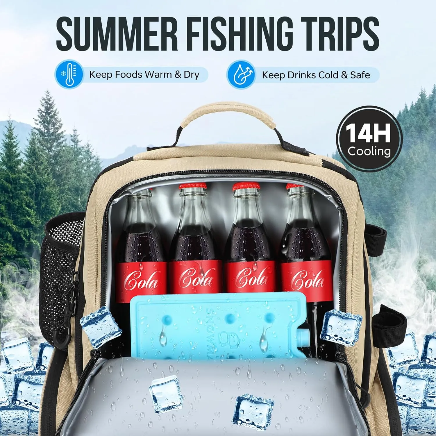 PLUSINNO Cooler Fishing Backpack with Rod Holders 45L Large Water-resistant Fishing Tackle bag Store Fishing Gear Fishing Gifts for Men Father