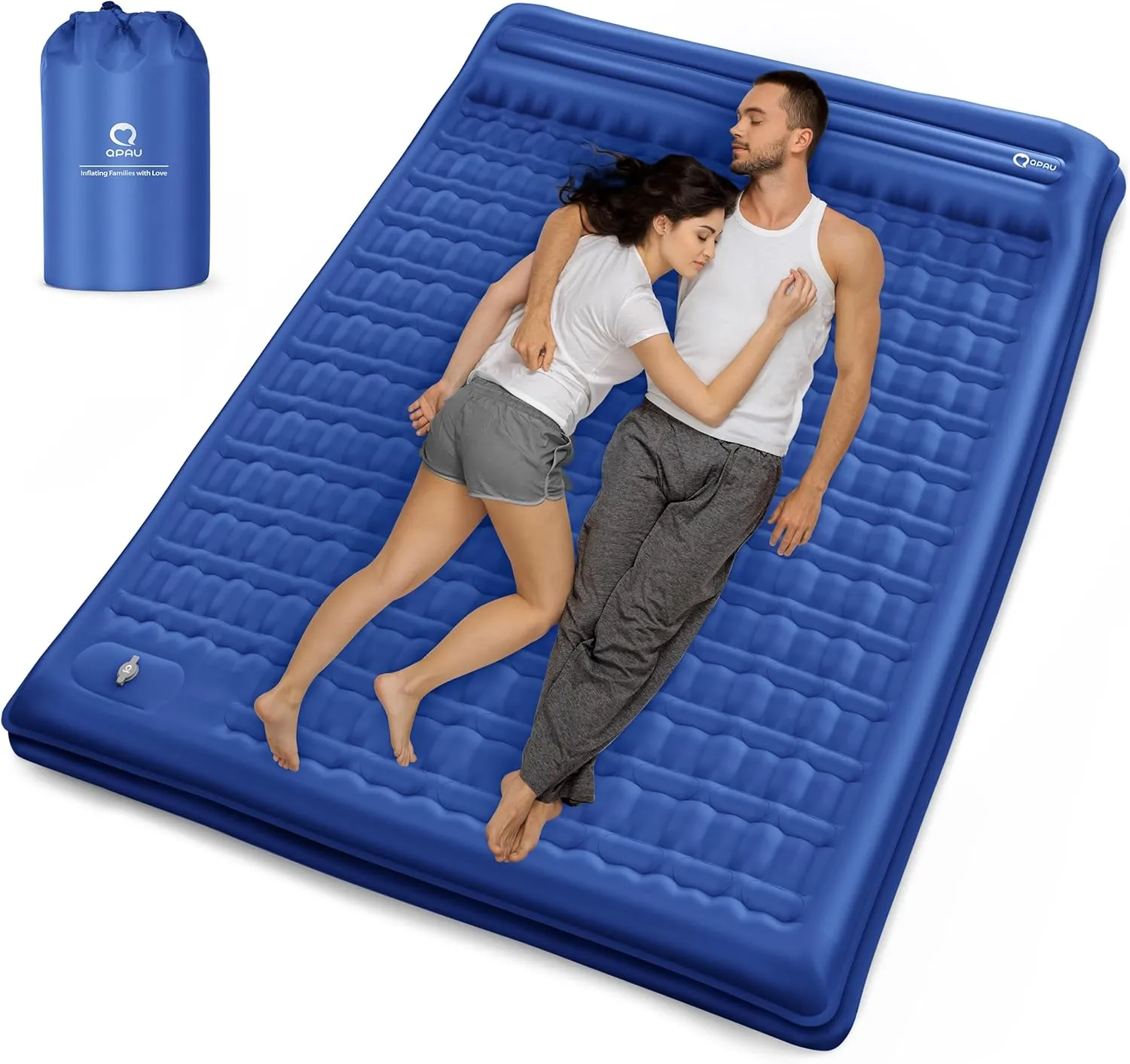 QPAU Sleeping Pad, 2 Person Camping Mattress, Enhanced Support for Healthy, with Built-in Foot Pump, 4.7 Inch Durable Sleeping Mat for Camping, Hiking, Backpacking and Home, (Blue)