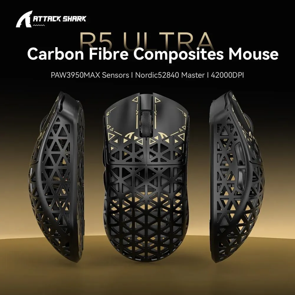 R5Ultra 8K Wireless Gaming Mouse with 42,000 DPI -PAW3950 MAX Sensor -39g Ultra-Lightweight Carbon Fiber -Nordic 52840 MCU Chip-Wired/BT/2.4GHz Wireless Programmable Mouse Griptape for PC/Mac (Black)