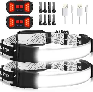 Rechargeable Headlamp, 230Wide-Angle 1000 Lumens Headlamp Flashlight with Red Taillight 3 Light Modes Lightweight LED Head Lamp Adjustable Waterproof Head Light for Running Cycling (Black(2-Pack))