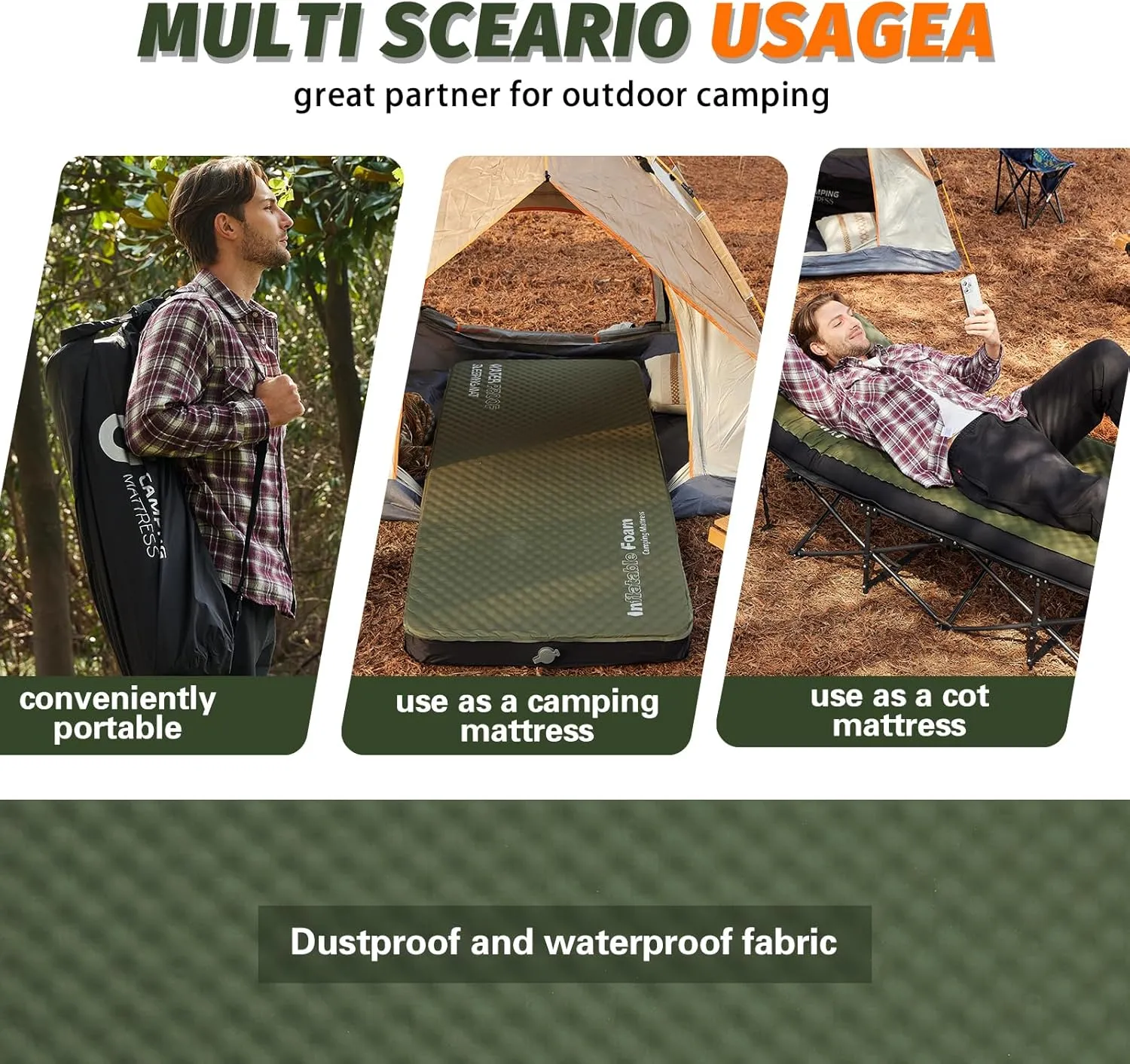 Self Inflating Sleeping Pad, 4in Ultra-Thick Foam Camping Mattress with Air Pump Sack Small Single, Sleeping Mats for Adults Inflatable Camping Pad, Single Bed, Travel, Car, Tent, Home, Army Green