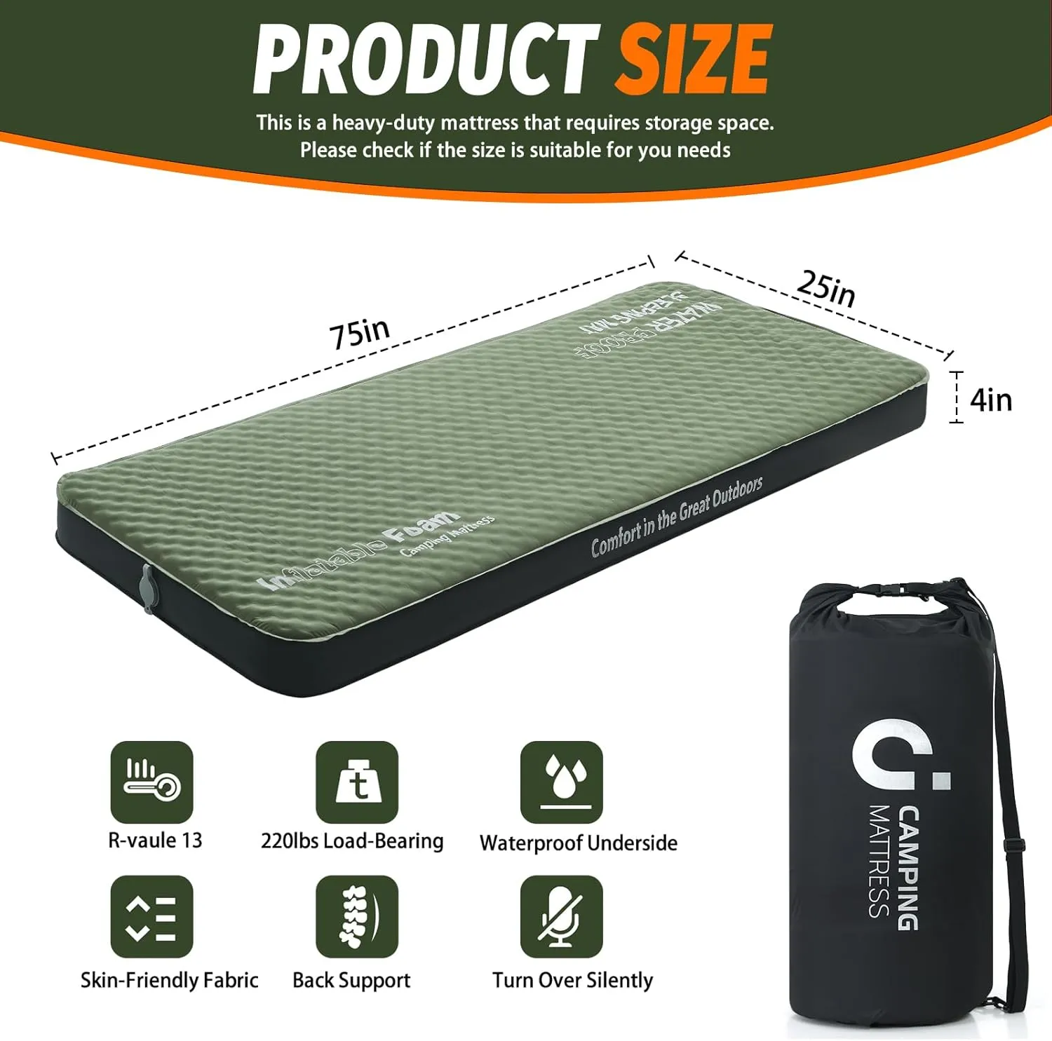 Self Inflating Sleeping Pad, 4in Ultra-Thick Foam Camping Mattress with Air Pump Sack Small Single, Sleeping Mats for Adults Inflatable Camping Pad, Single Bed, Travel, Car, Tent, Home, Army Green