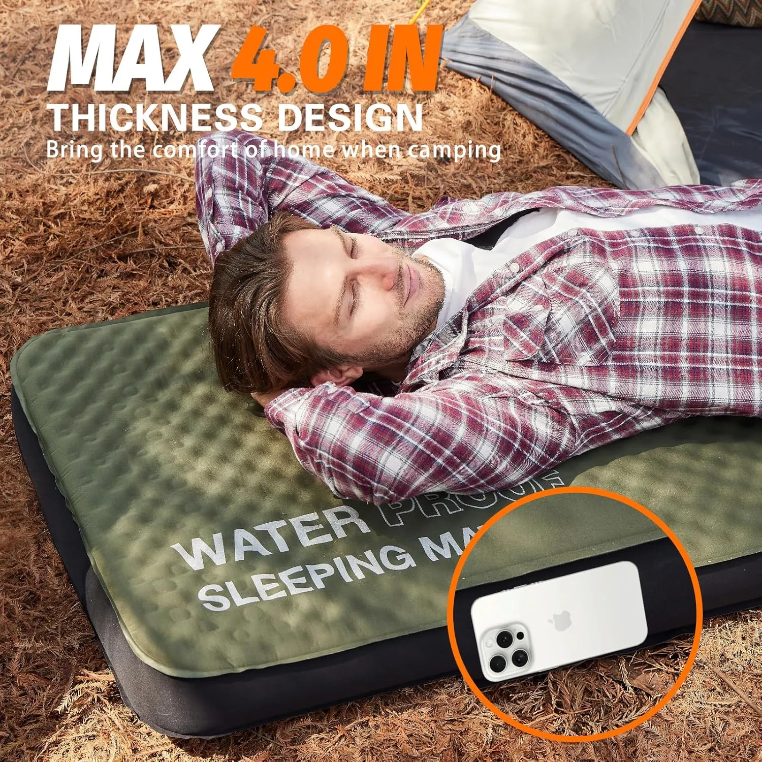 Self Inflating Sleeping Pad, 4in Ultra-Thick Foam Camping Mattress with Air Pump Sack Small Single, Sleeping Mats for Adults Inflatable Camping Pad, Single Bed, Travel, Car, Tent, Home, Army Green