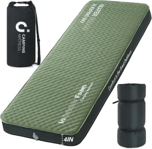Self Inflating Sleeping Pad, 4in Ultra-Thick Foam Camping Mattress with Air Pump Sack Small Single, Sleeping Mats for Adults Inflatable Camping Pad, Single Bed, Travel, Car, Tent, Home, Army Green