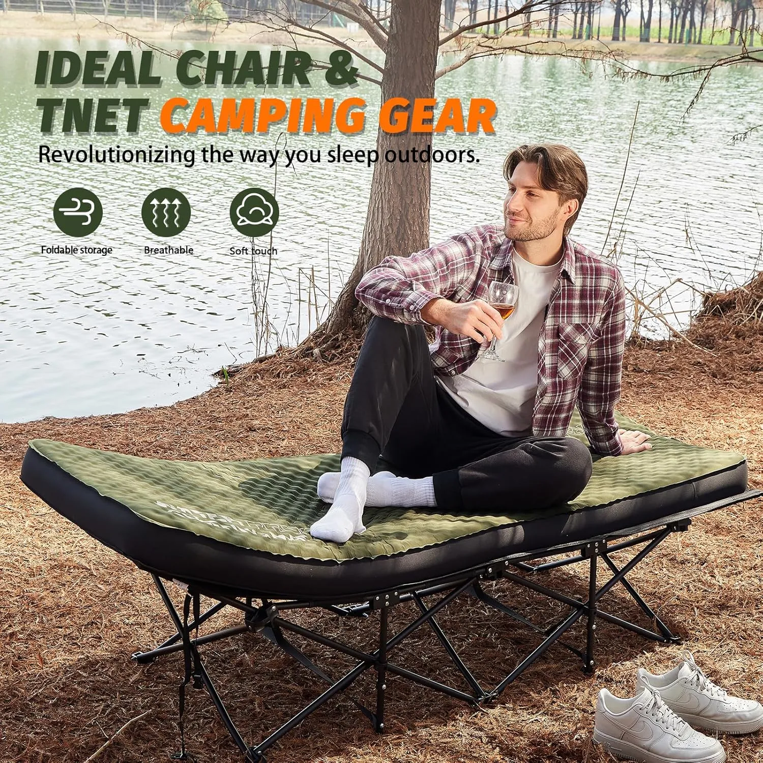 Self Inflating Sleeping Pad, 4in Ultra-Thick Foam Camping Mattress with Air Pump Sack Small Single, Sleeping Mats for Adults Inflatable Camping Pad, Single Bed, Travel, Car, Tent, Home, Army Green