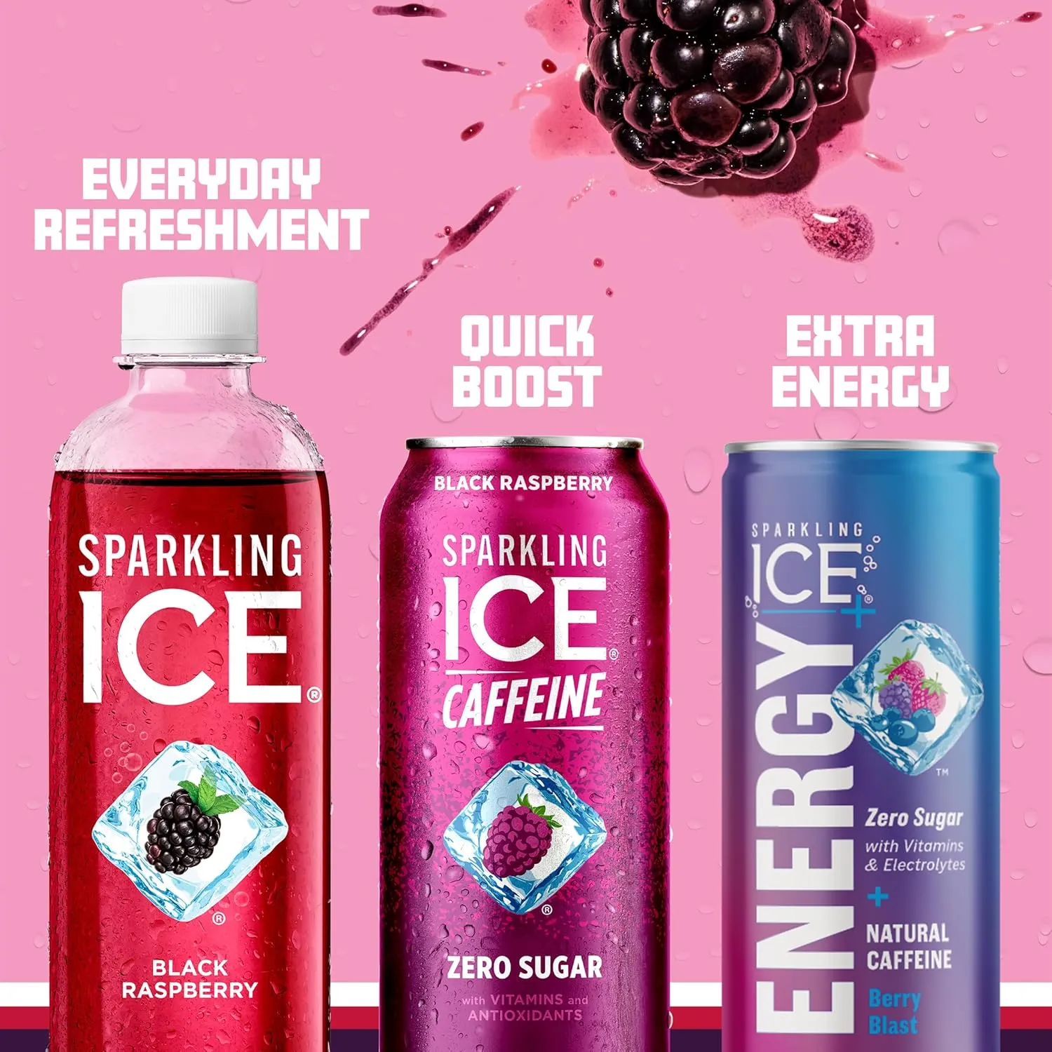 Sparkling Ice Caffeine Black Raspberry Sparkling Water with Caffeine, Zero Sugar, with Antioxidants and Vitamins,16 fl oz Cans (Pack Of 12)