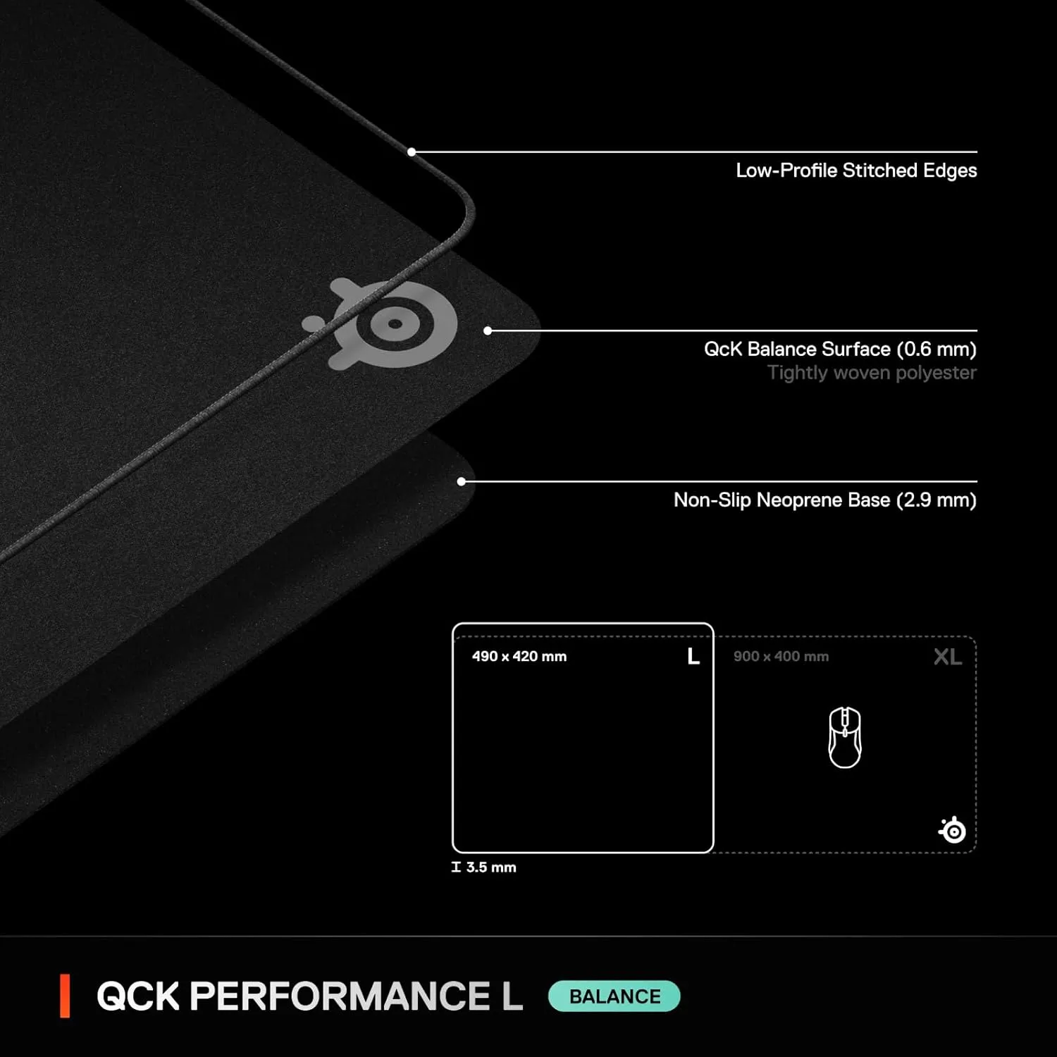 SteelSeries QcK L Performance Balance Gaming Mousepad  Extra Density for a Smooth Glide  Low-Profile Edge Stitching  Non-Slip Neoprene Rubber Base 16.54 x 19.29 inch  FPS, MOBAs, RTS, MMO