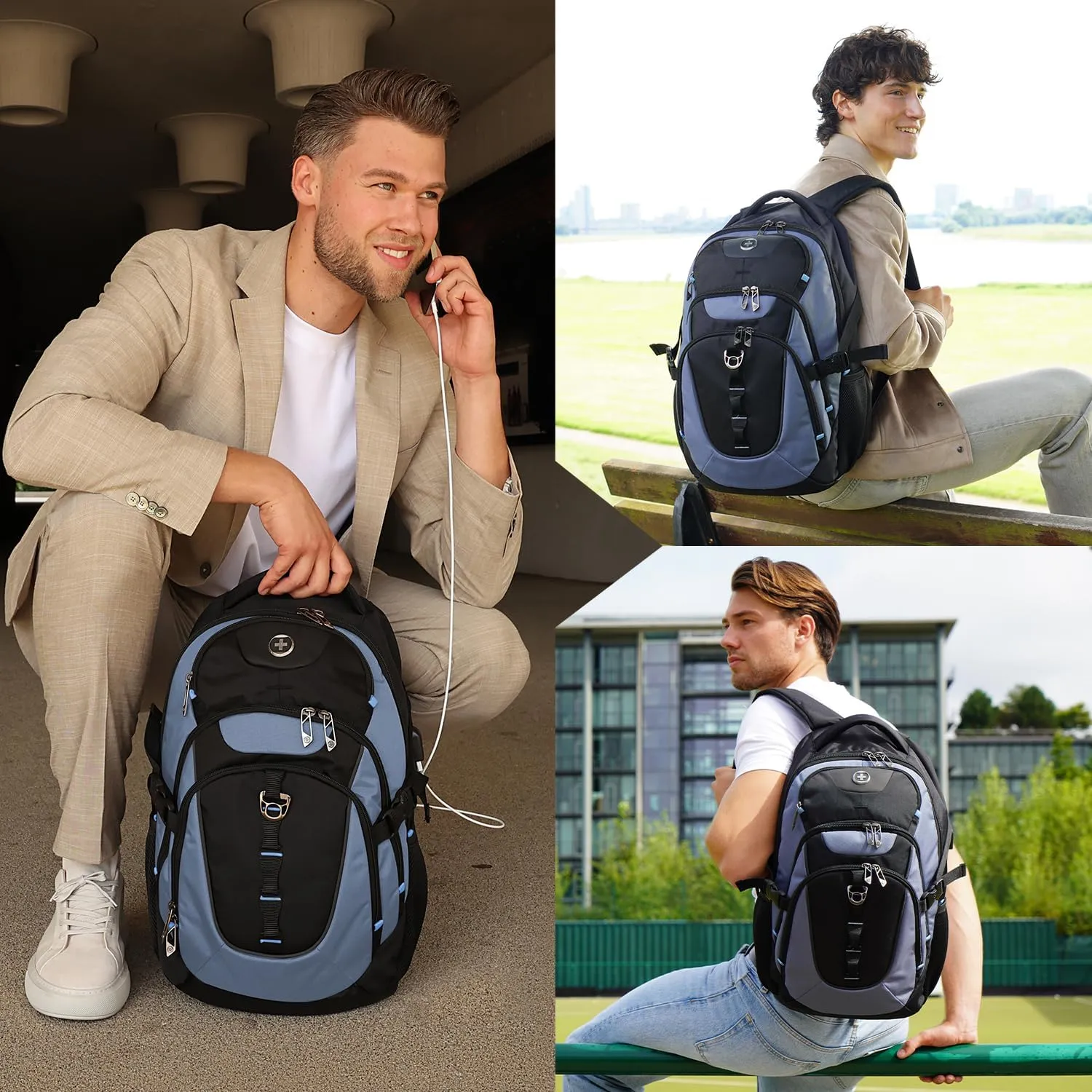 Swissdigital Design Large Business Laptop Backpack with Smart USB Charging Port Travel Backpack Fits 15.6 inches Laptops, College Backpack for Men Women,Haze Blue/Black | SD803