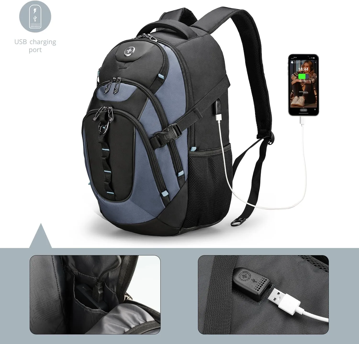 Swissdigital Design Large Business Laptop Backpack with Smart USB Charging Port Travel Backpack Fits 15.6 inches Laptops, College Backpack for Men Women,Haze Blue/Black | SD803