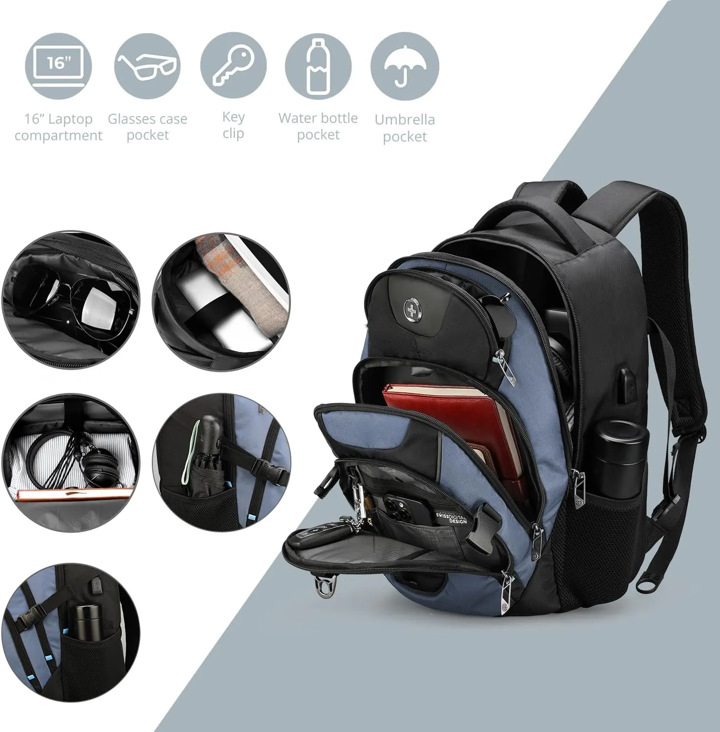 Swissdigital Design Large Business Laptop Backpack with Smart USB Charging Port Travel Backpack Fits 15.6 inches Laptops, College Backpack for Men Women,Haze Blue/Black | SD803