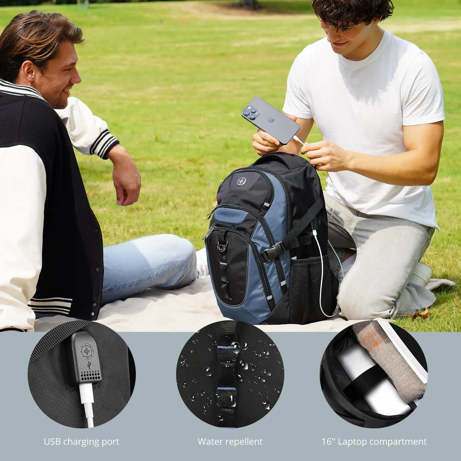 Swissdigital Design Large Business Laptop Backpack with Smart USB Charging Port Travel Backpack Fits 15.6 inches Laptops, College Backpack for Men Women,Haze Blue/Black | SD803