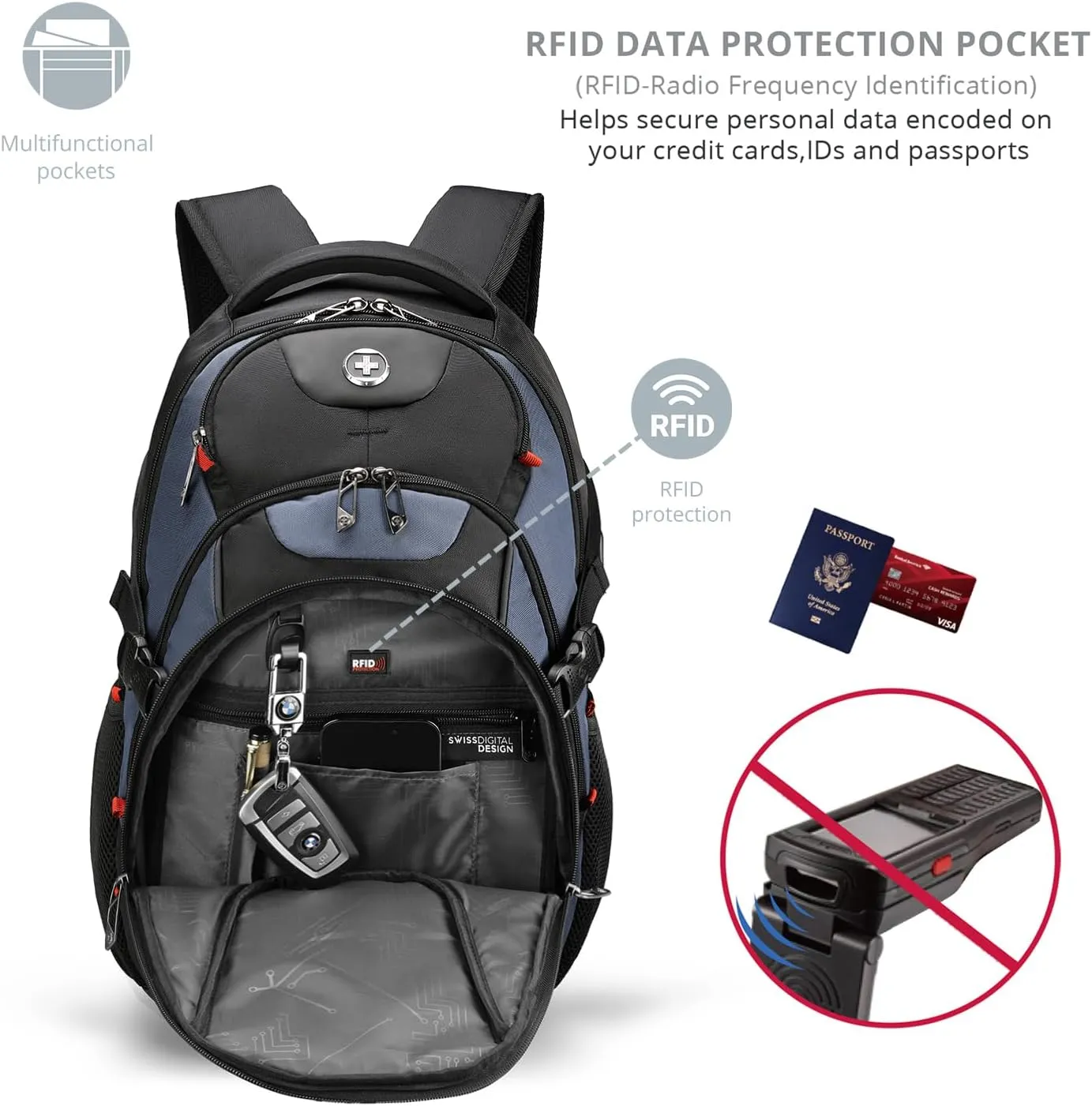 Swissdigital Design Large Business Laptop Backpack with Smart USB Charging Port Travel Backpack Fits 15.6 inches Laptops, College Backpack for Men Women,Haze Blue/Black | SD803