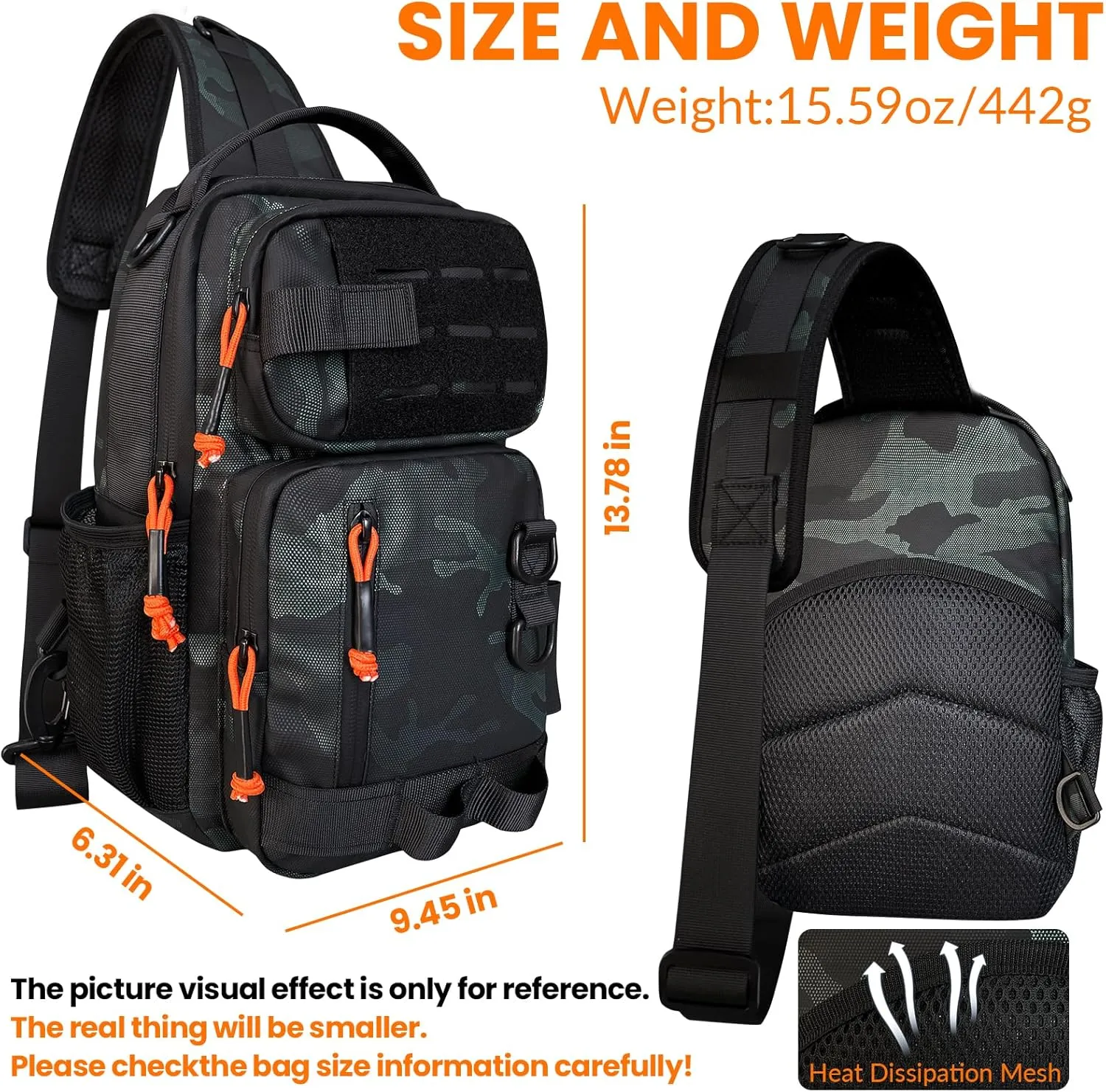 Tactical Fishing Sling Backpack Outdoor Fishing Tackle Storage Bag for Gear and Equipment Shoulder Backpacks-Gift for Men (Black Camouflage)