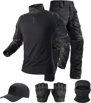 Tactical Suit,Combat Pants and Shirt,Cap Gloves Balaclava Set,Black Camo Uniform Men's Military Airsoft Gear