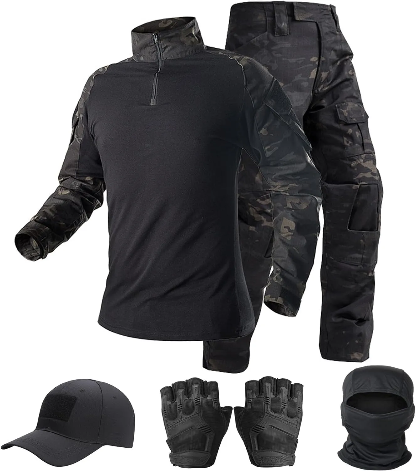 Tactical Suit,Combat Pants and Shirt,Cap Gloves Balaclava Set,Black Camo Uniform Men's Military Airsoft Gear