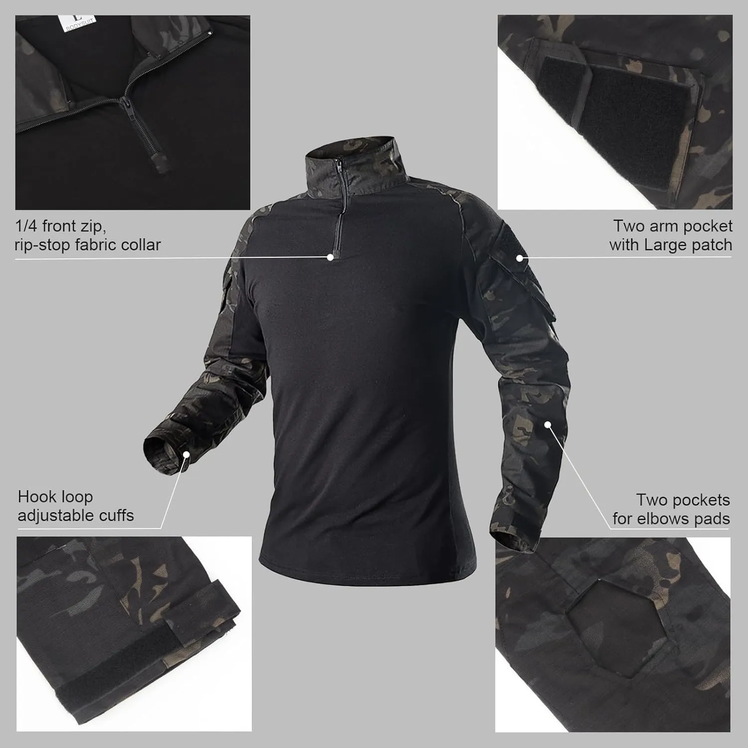 Tactical Suit,Combat Pants and Shirt,Cap Gloves Balaclava Set,Black Camo Uniform Men's Military Airsoft Gear