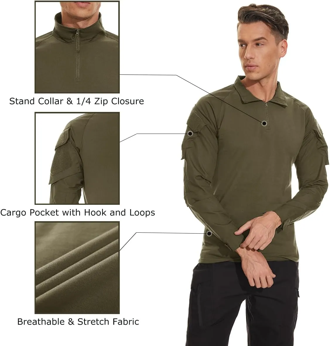 TACVASEN Men's Tactical Shirt Long Sleeve Combat Shirt 1/4 Zip with Pockets Military Army Paintball Airsoft Breathable