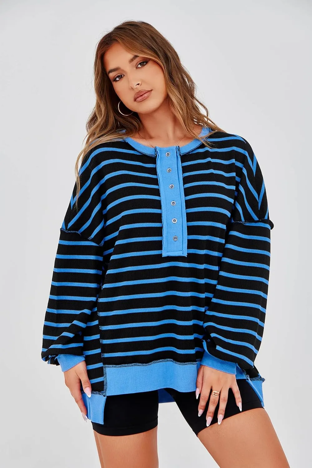 Tankaneo Womens Oversized Striped Sweatshirts Henley Shirts Color Block Casual Pullover Waffle Knit Tops