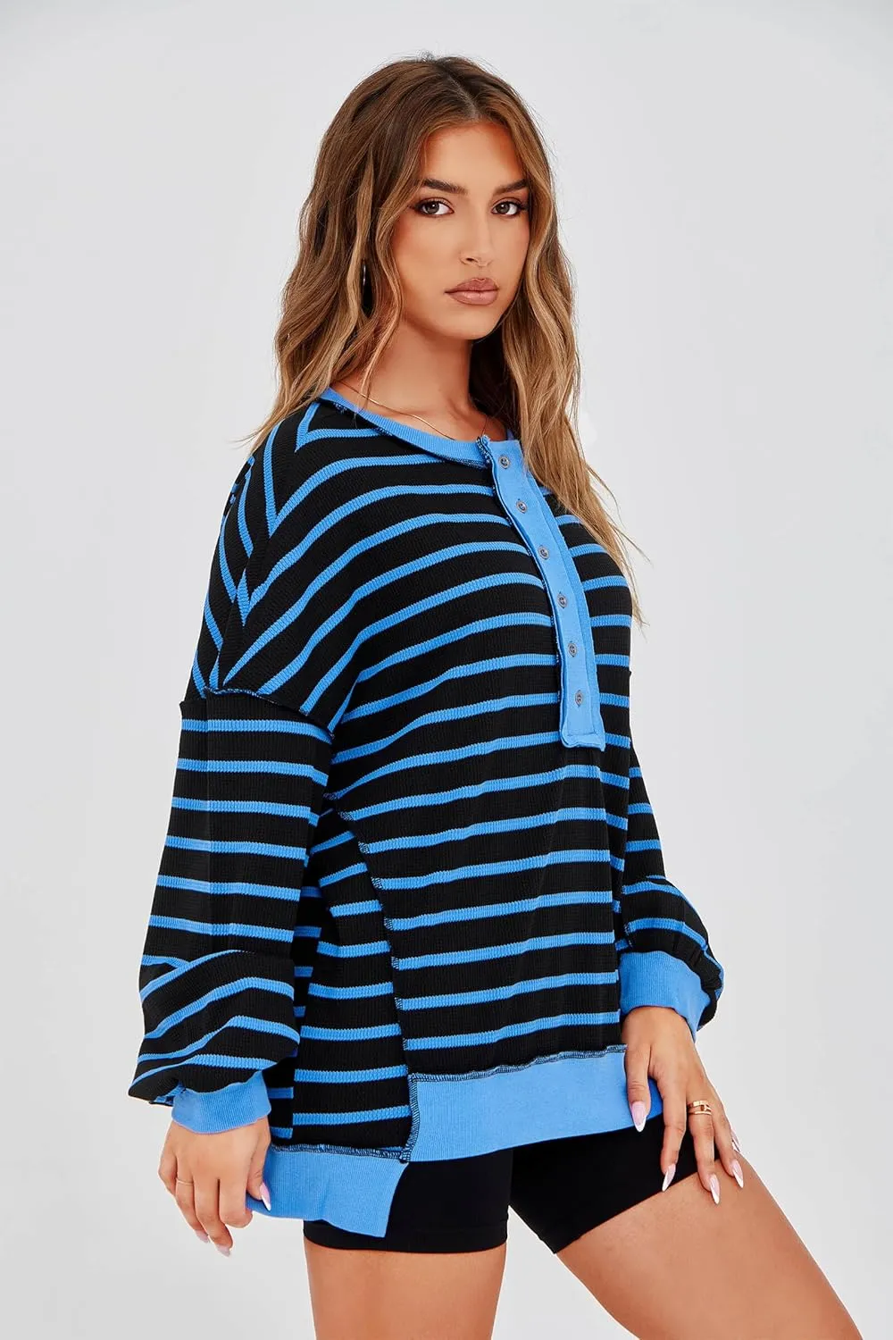 Tankaneo Womens Oversized Striped Sweatshirts Henley Shirts Color Block Casual Pullover Waffle Knit Tops