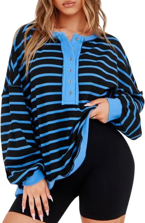 Tankaneo Womens Oversized Striped Sweatshirts Henley Shirts Color Block Casual Pullover Waffle Knit Tops