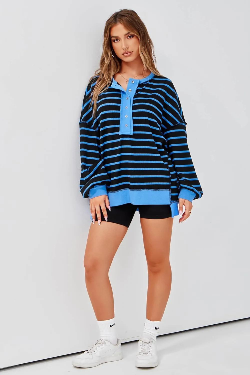 Tankaneo Womens Oversized Striped Sweatshirts Henley Shirts Color Block Casual Pullover Waffle Knit Tops