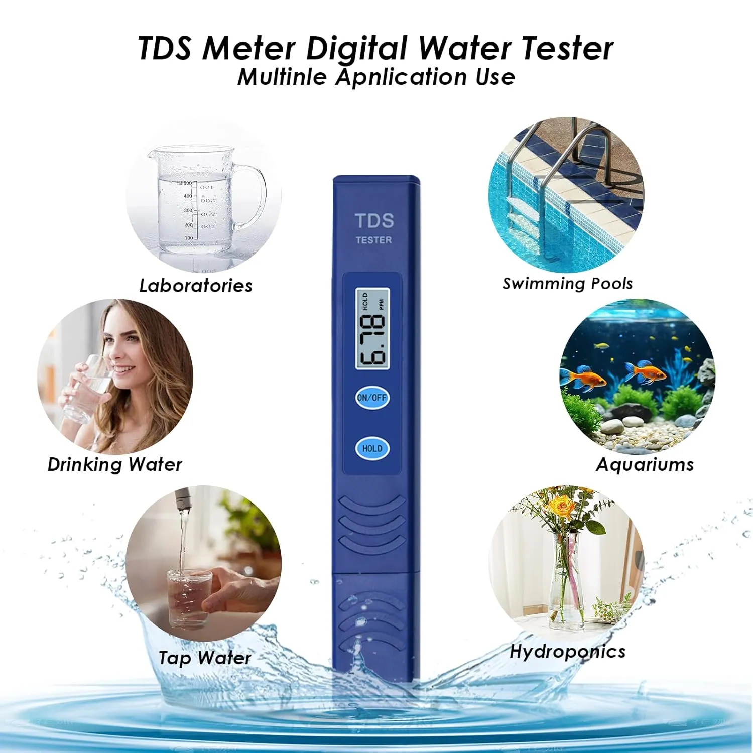 TDS Water Tester, Drinking Water Tester, 0-9990 PPM Meter Water Quality Tester, Portable Water Tester for Drinking Water, TDS Meter Digital Water Tester, 1 Pack, Deep Blue