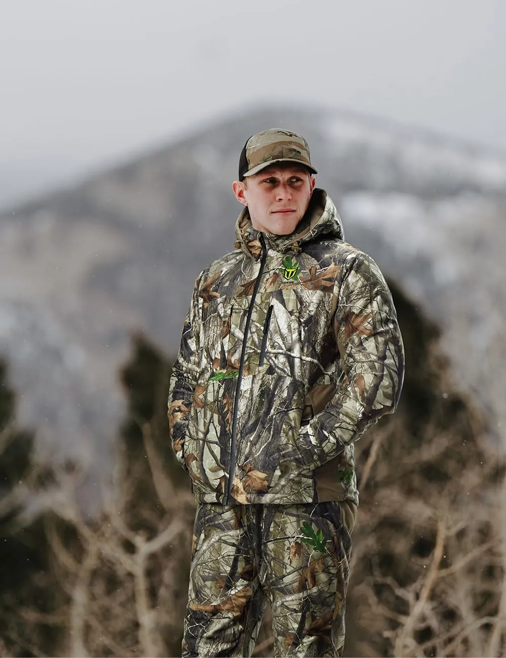 TIDEWE Hunting Clothes for Men with Face Mask, Silent Waterproof Hunting Jacket and Adjustable Bibs, Safety Strap Compatible