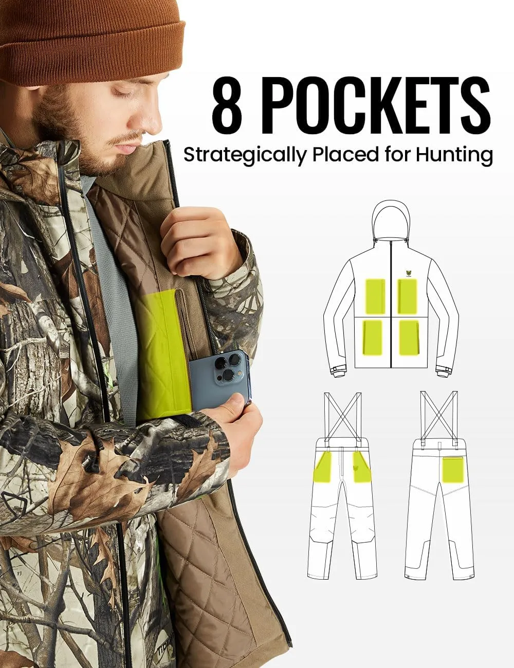 TIDEWE Hunting Clothes for Men with Face Mask, Silent Waterproof Hunting Jacket and Adjustable Bibs, Safety Strap Compatible