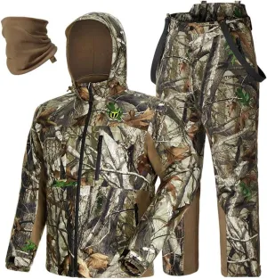 TIDEWE Hunting Clothes for Men with Face Mask, Silent Waterproof Hunting Jacket and Adjustable Bibs, Safety Strap Compatible
