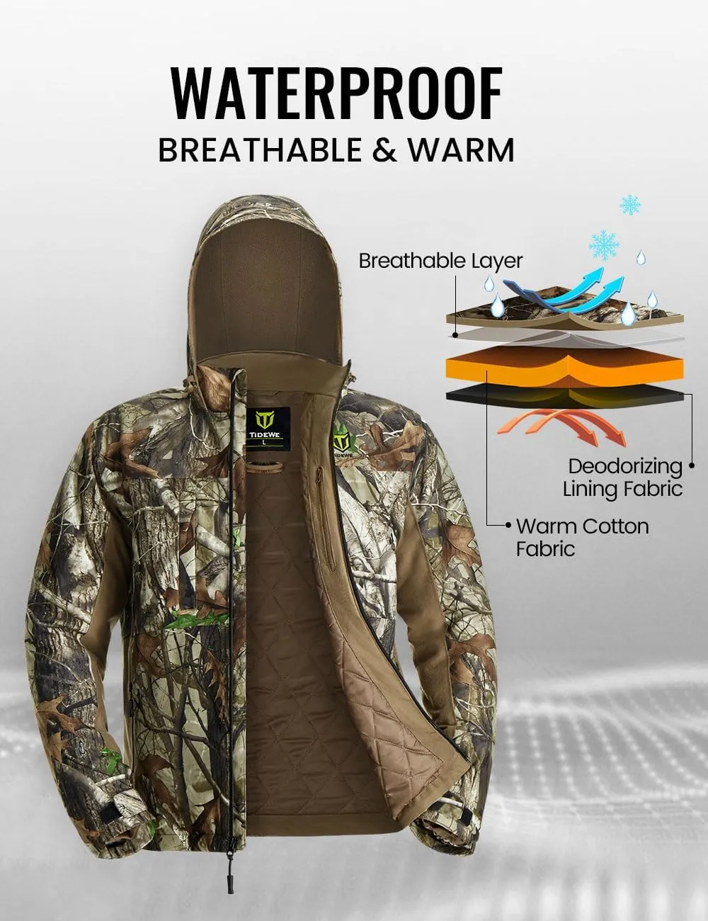 TIDEWE Hunting Clothes for Men with Face Mask, Silent Waterproof Hunting Jacket and Adjustable Bibs, Safety Strap Compatible