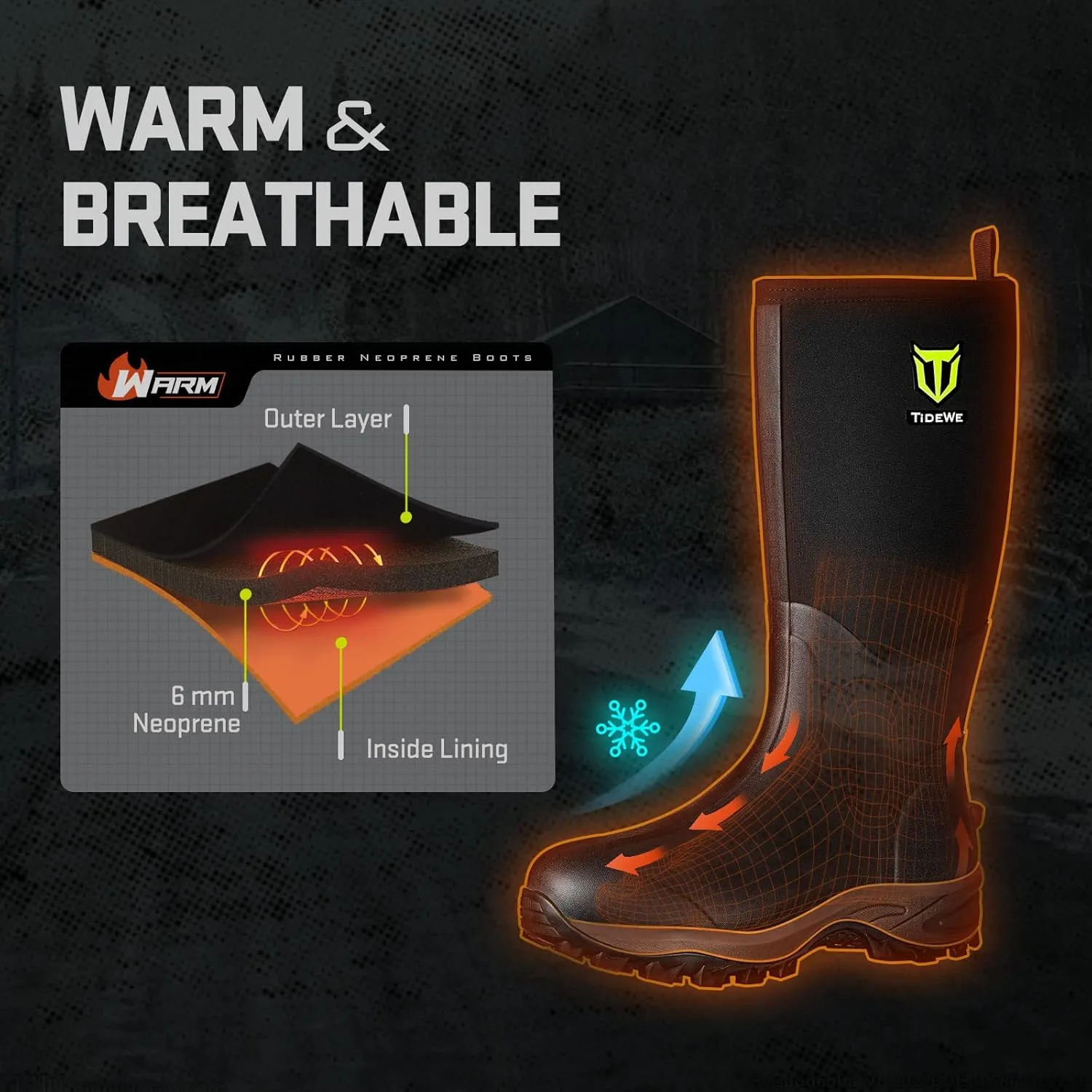 TIDEWE Rubber Neoprene Boots Men And Women, Waterproof Sturdy 6mm Neoprene Boot, Rain Boot Hunting Boot Arctic Outdoor BootBlack, Brown & Next Camo G2