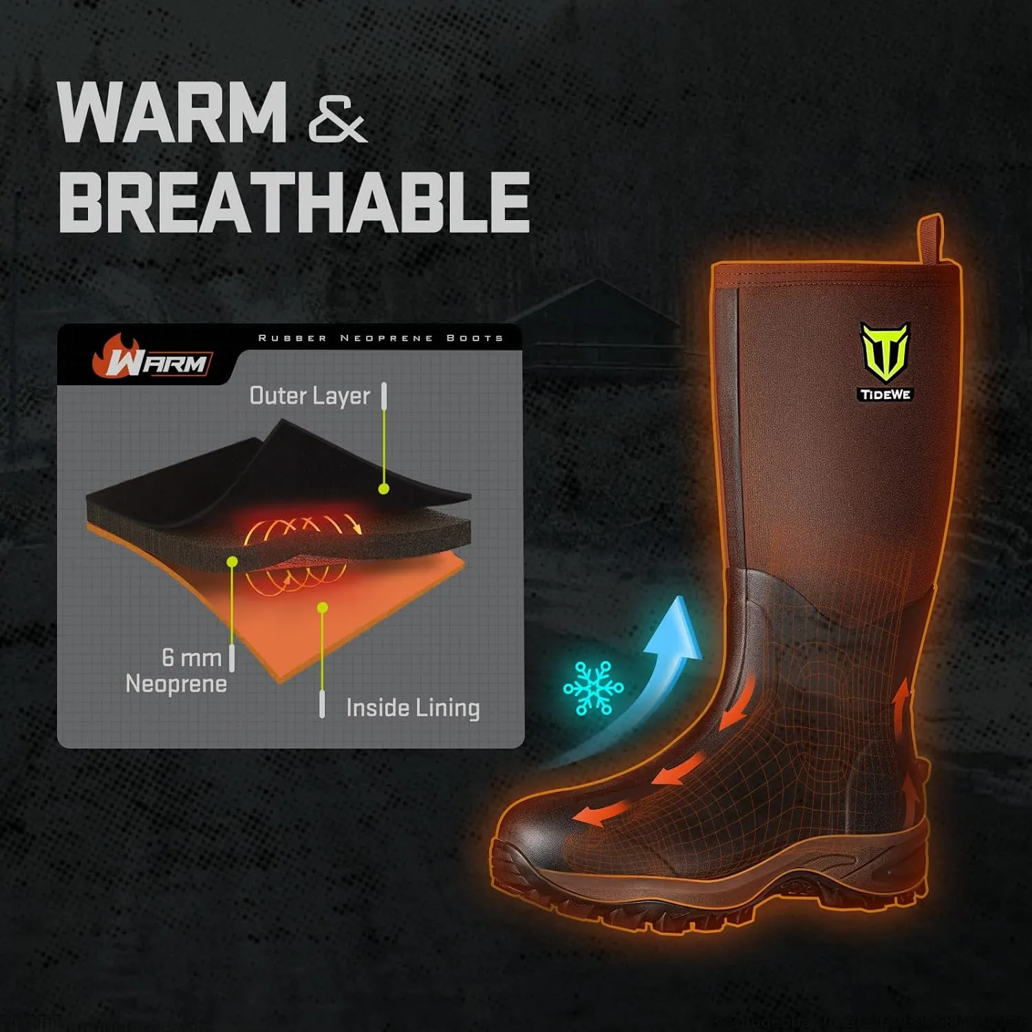 TIDEWE Rubber Neoprene Boots Men And Women, Waterproof Sturdy 6mm Neoprene Boot, Rain Boot Hunting Boot Arctic Outdoor BootBlack, Brown & Next Camo G2