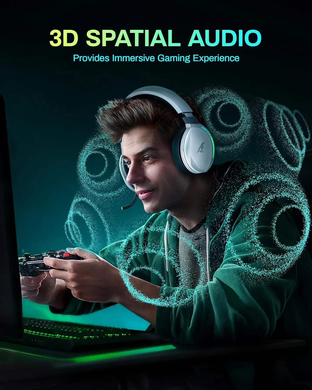 UG-06 Wireless Gaming Headset with 3D Surround Sound, 2.4G Wireless Gaming Headphones with Bluetooth 5.4, ENC Noise Canceling Mic, 50MM Drivers, 65H Battery Headset for PS5, PS4, PC, Mac, White