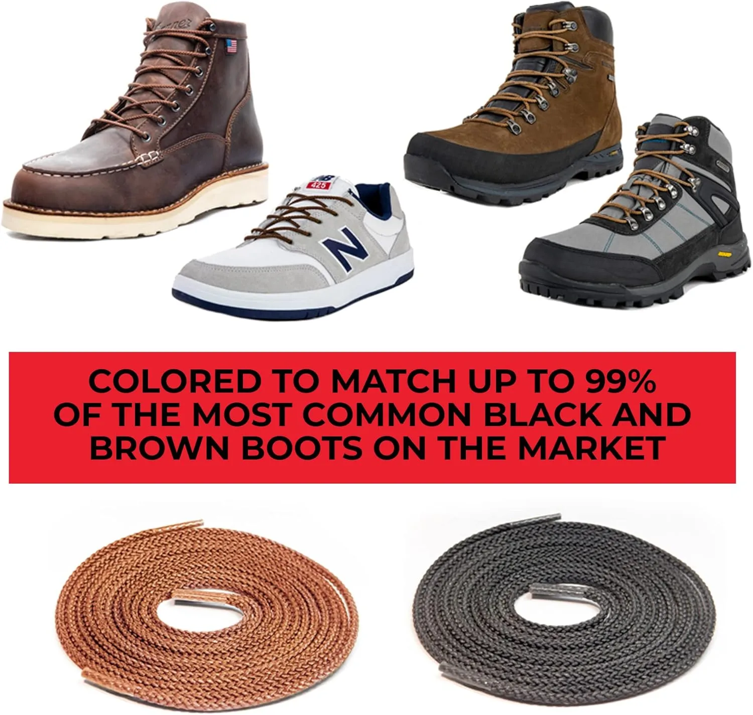 Unbreakable Round Bootlaces - Indestructible, Waterproof & Fire Resistant Laces, 1500-Pound Breaking Strength/Pair