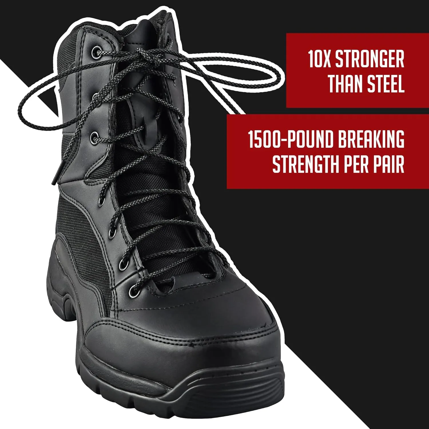 Unbreakable Round Bootlaces - Indestructible, Waterproof & Fire Resistant Laces, 1500-Pound Breaking Strength/Pair