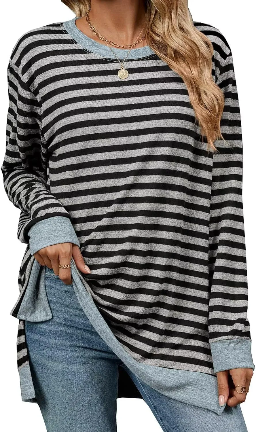 WELINCO Womens Crewneck Pullovers Color Block Long Sleeve Side Split Tunic Tops