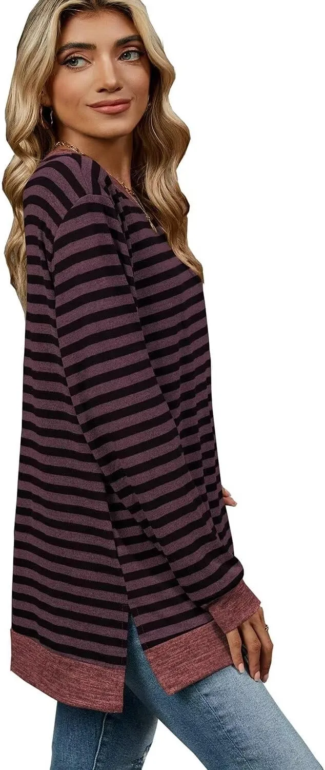 WELINCO Womens Crewneck Pullovers Color Block Long Sleeve Side Split Tunic Tops