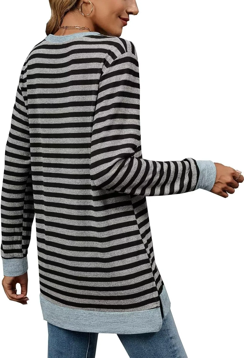 WELINCO Womens Crewneck Pullovers Color Block Long Sleeve Side Split Tunic Tops