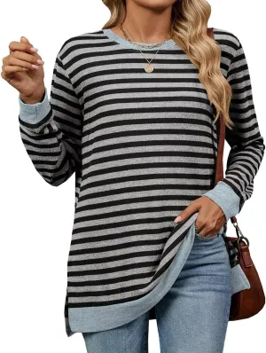 WELINCO Womens Crewneck Pullovers Color Block Long Sleeve Side Split Tunic Tops