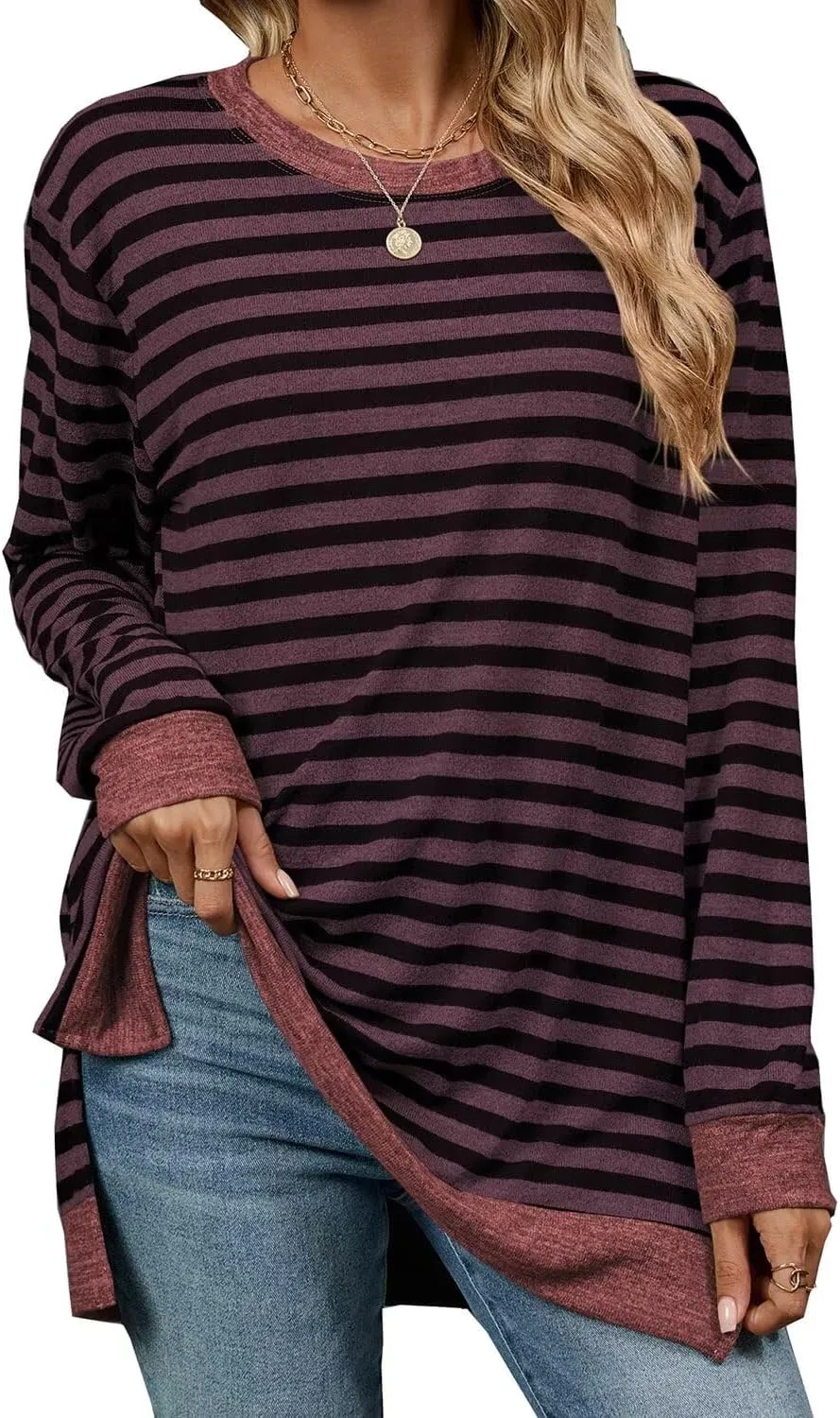 WELINCO Womens Crewneck Pullovers Color Block Long Sleeve Side Split Tunic Tops