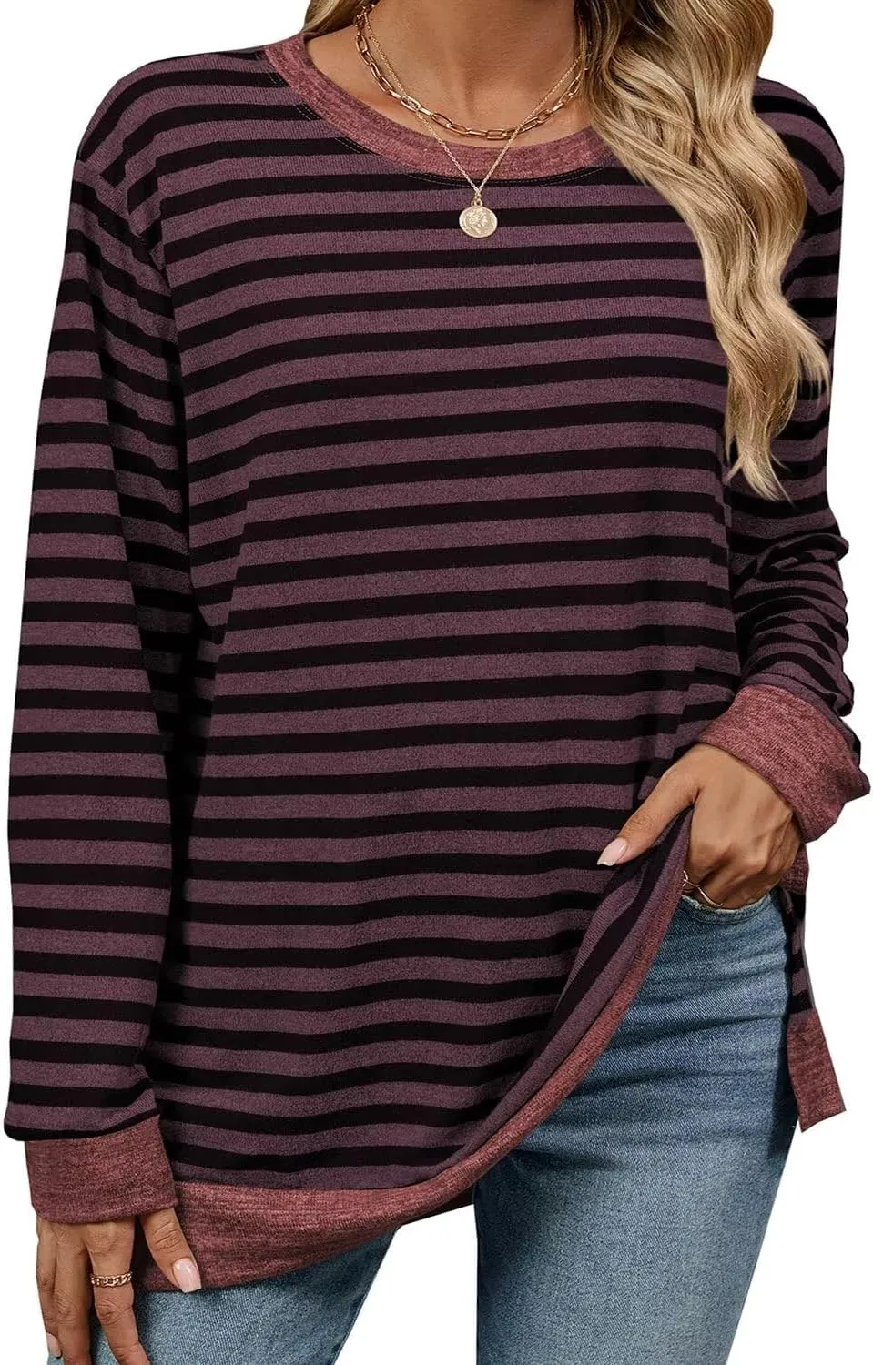 WELINCO Womens Crewneck Pullovers Color Block Long Sleeve Side Split Tunic Tops