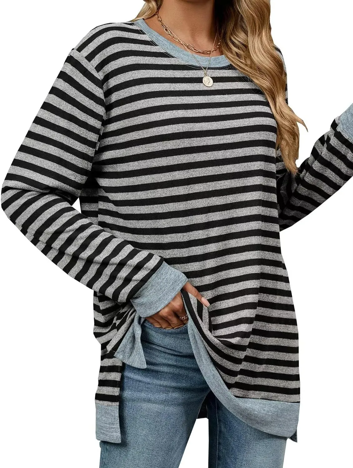 WELINCO Womens Crewneck Pullovers Color Block Long Sleeve Side Split Tunic Tops