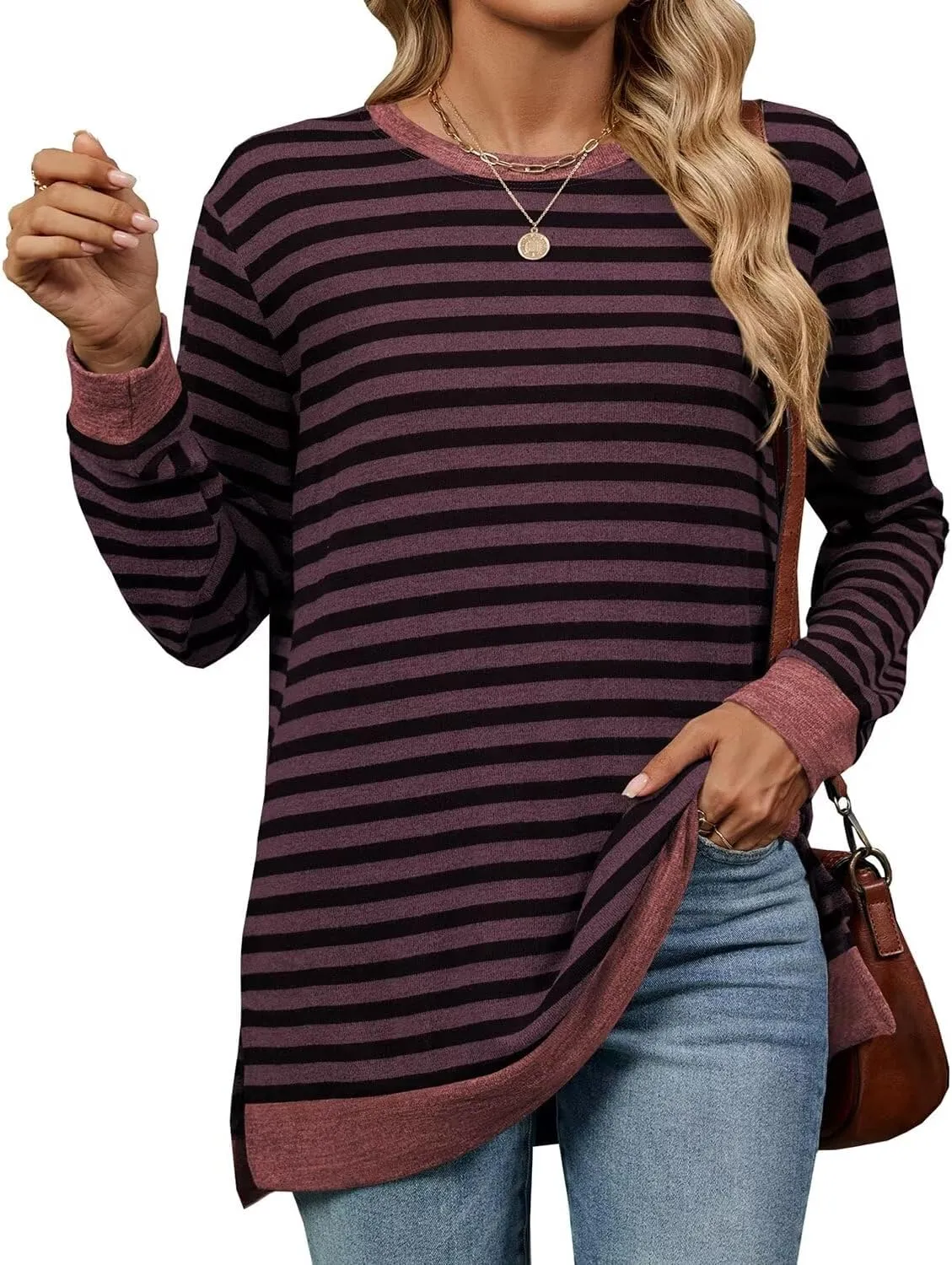 WELINCO Womens Crewneck Pullovers Color Block Long Sleeve Side Split Tunic Tops