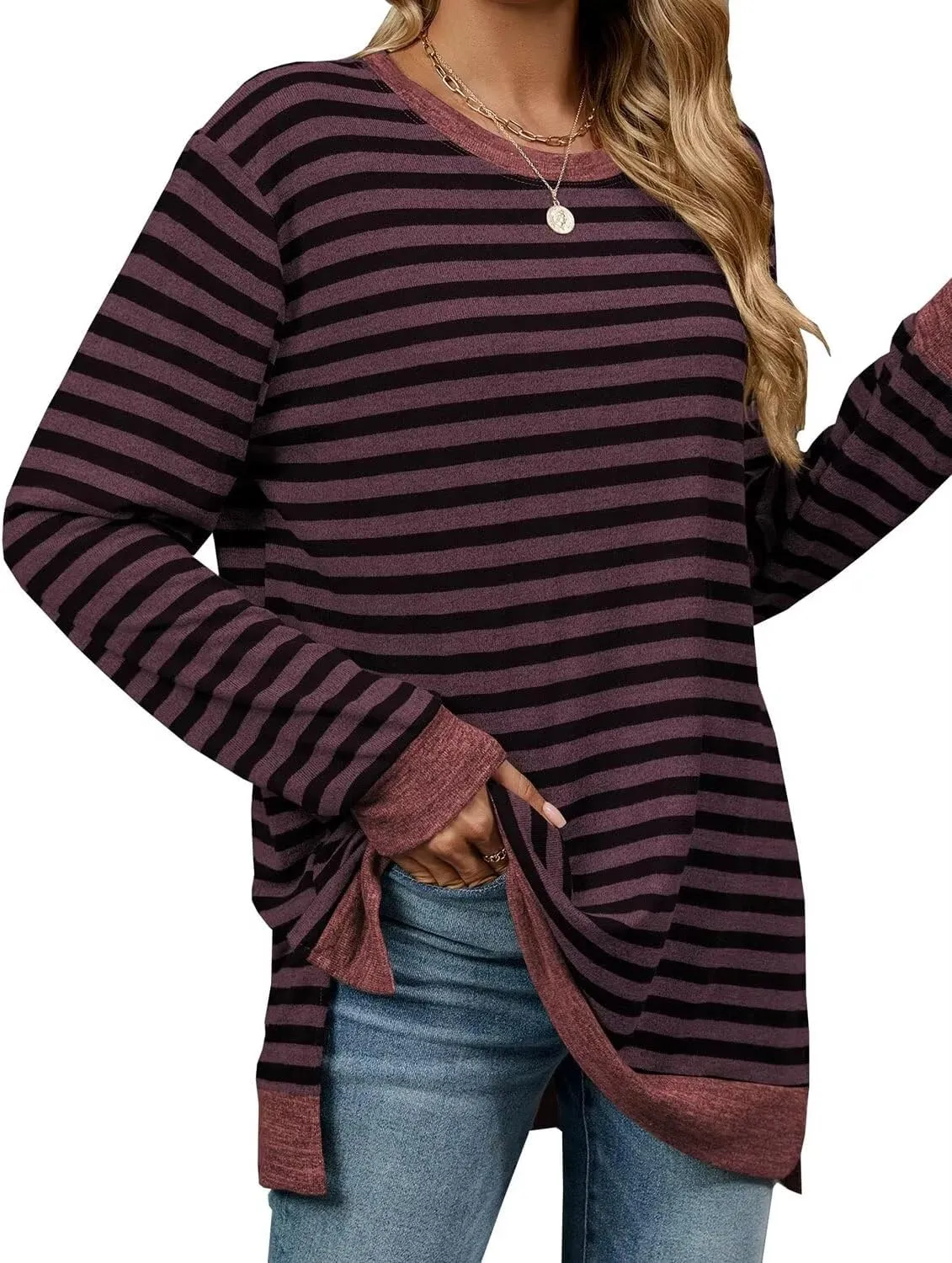 WELINCO Womens Crewneck Pullovers Color Block Long Sleeve Side Split Tunic Tops
