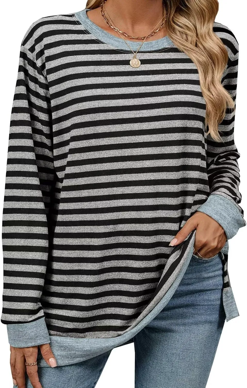 WELINCO Womens Crewneck Pullovers Color Block Long Sleeve Side Split Tunic Tops