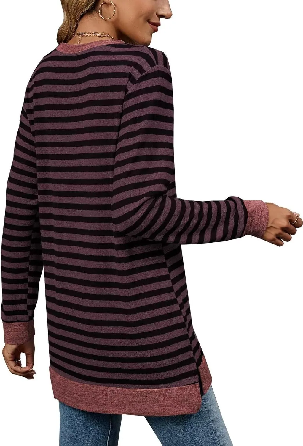 WELINCO Womens Crewneck Pullovers Color Block Long Sleeve Side Split Tunic Tops